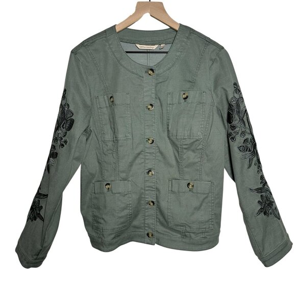 Soft Surroundings Womens Medium Green Embroidered Button Utility Jacket Pocket - Picture 2 of 11